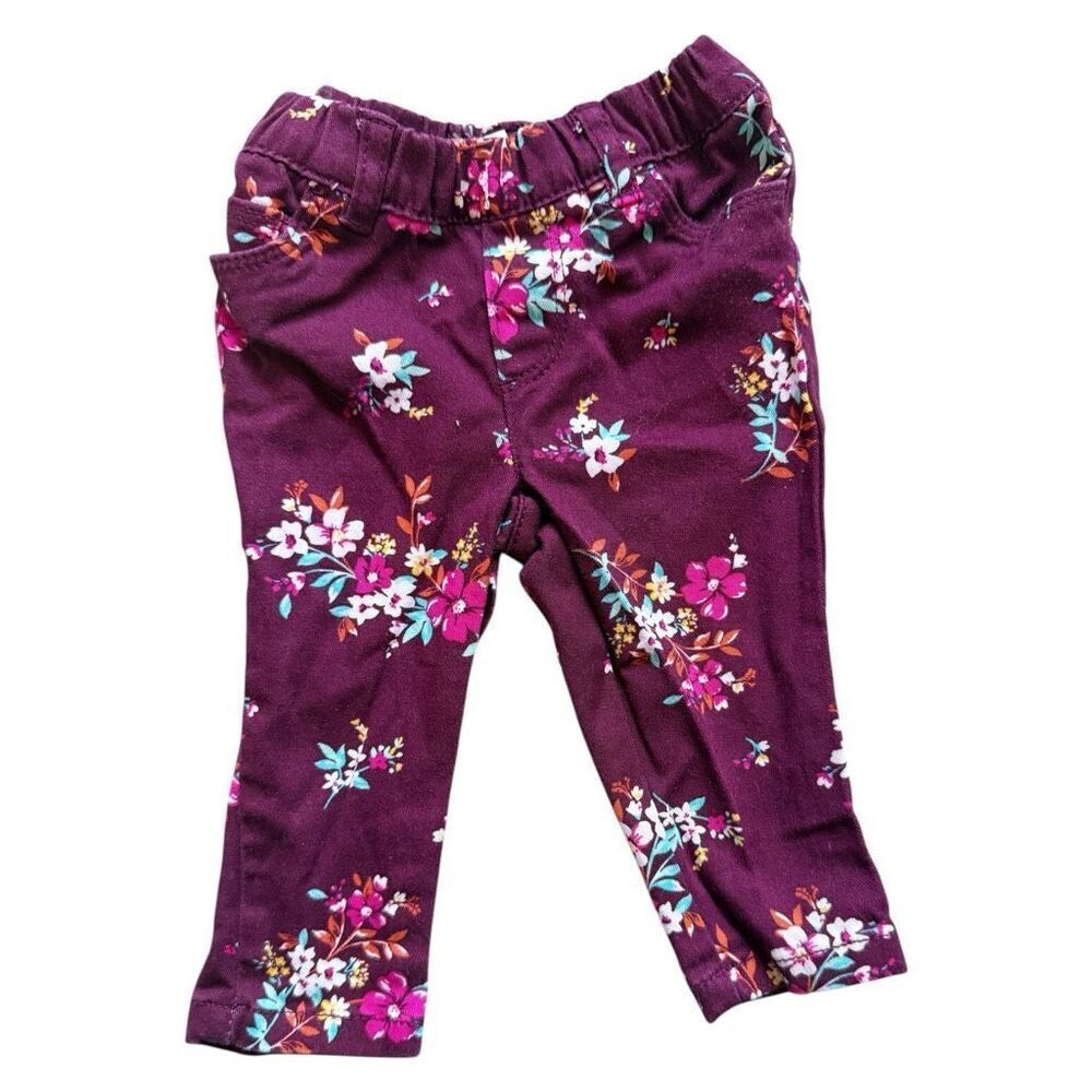 Baby Girls Carters Burgundy Floral Print Pull On Pants Jeans - Sz 6 mo